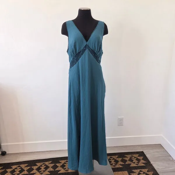 Turquoise Aqua Maxi Babydoll Dress Sheer Mesh Lace Sleeveless Formal Dinner XL - Image 2