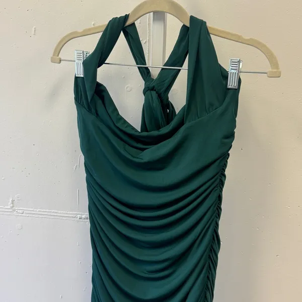 Lucy in the Sky Forest Green Ruched Halter Cowl Neck Bodycon Mini Dress Large - Image 3