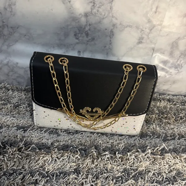 Black & White Glitter Shoulder Bag with Gold Chain - Image 5