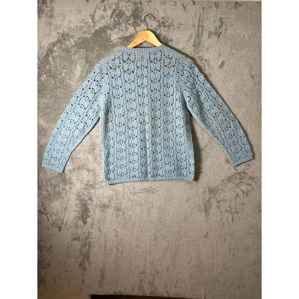 Vintage Hand Crocheted Wool Cardigan Blue Cottagecore Boho‎ Grannycore Dainty LG - Image 6