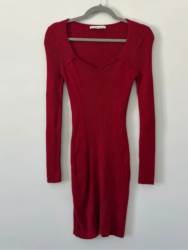 Abercrombie & Fitch Red Sweetheart Corset Ribbed Long Sleeve Sweater Dress S - Image 2