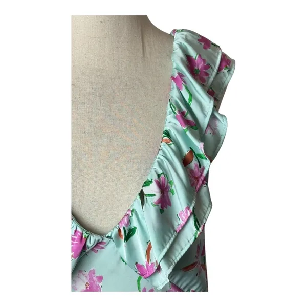 Zara Dress Women Medium Blue Pink Floral Satin Ruffle Trim Midi Slip‎ Dress Boho - Image 6