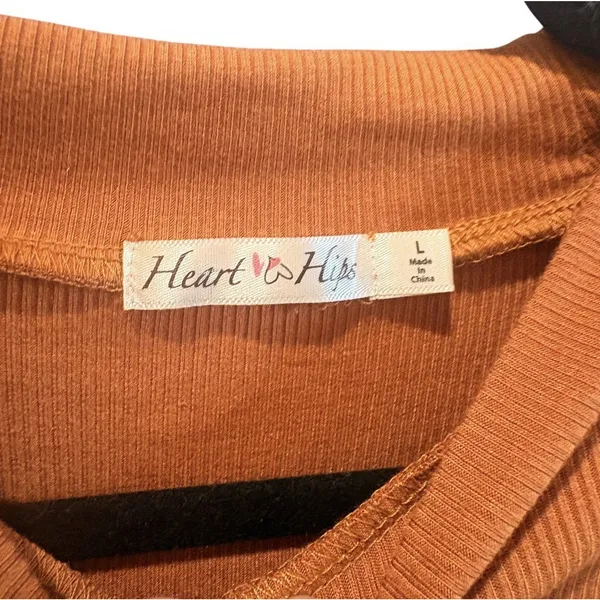 Heart & Hips Rust Orange Brown Ribbed Bodycon Shirt Dress Ruched Short Sleeve L - Image 4