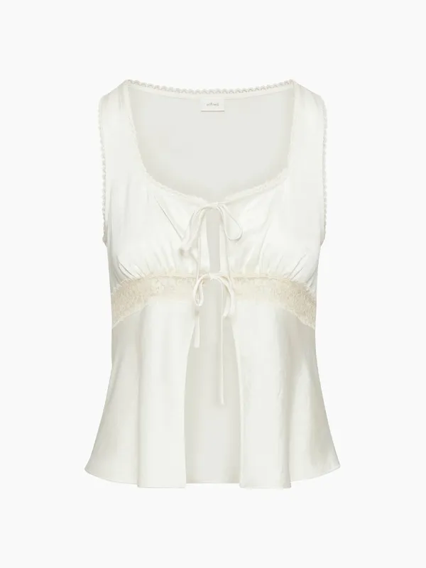 Aritzia Wilfred Picnic Satin Babydoll Camisole Ivory Lace Tie Front 2XS - Image 2
