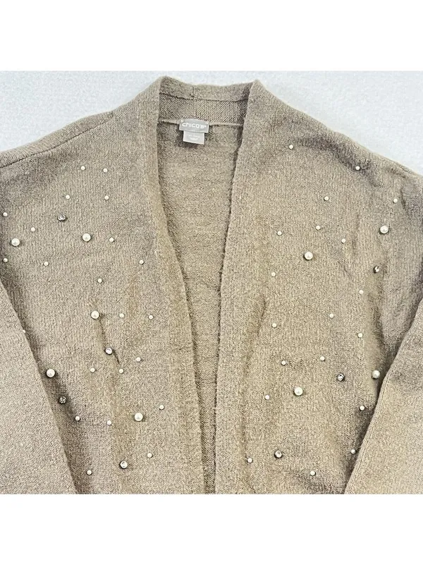 Chico's Open Front Faux-Pearl Cardigan Sweater Size 1 Medium Wool Blend Brown - Image 4