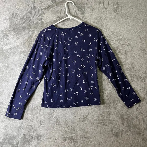 Vintage Navy Floral Peasant Blouse Tie Neck Long Sleeve Large‎ Blue Dainty Y2K - Image 4