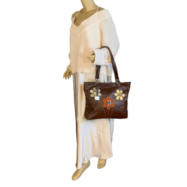 Arte Piel Brown Handcrafted W/Applique Flowers Leather Tote Shoulder Bag - Image 8