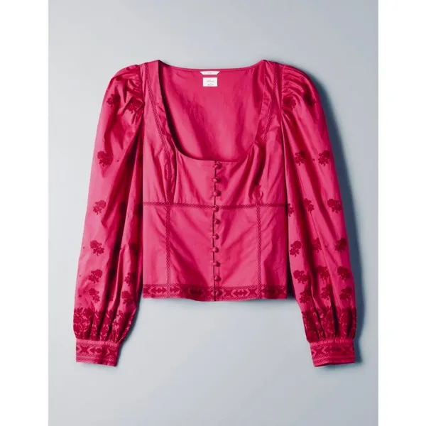 Aritzia WILFRED Palo Santo Blouse La Boheme Electron Fuchsia Embroidered XXS - Image 10