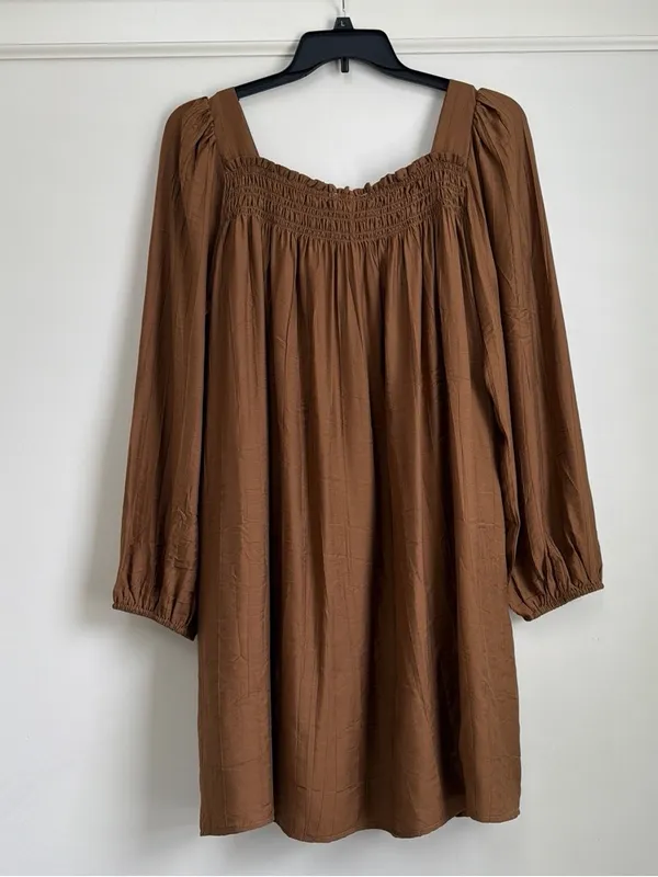 in february Sepia Brown Smocked Babydoll Knee-Length Dress Pockets NWT Size L - Image 6
