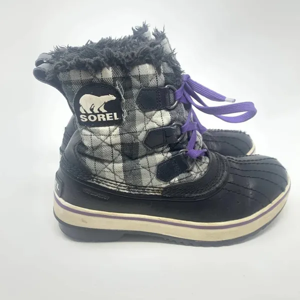 Sorel Tivoli II Leather Plaid Lace-Up Snow Boots‎ Black Gray Purple Size US 5 - Image 5