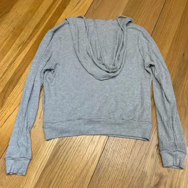 Elan Women Gray Ribbed‎ V Neck Hoodie Pullover Long Sleeve Casual Size Medium - Image 6