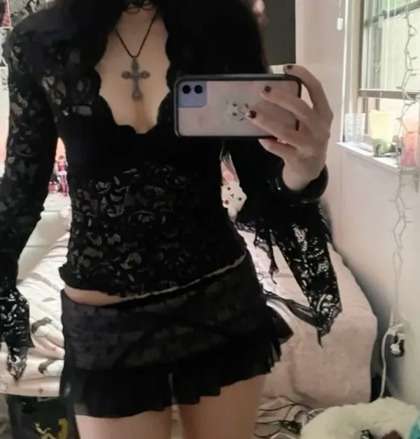 Black lace long sleeve top with cross detail #gothic #whimsygoth - Image 2