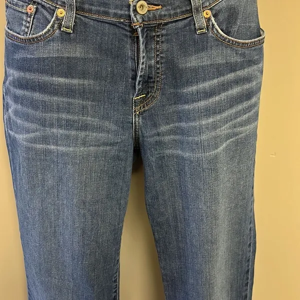 Lucky Brand Medium Blue Distressed 5- Pocket Mid-Rise Flare Jeans-Size 32/14 - Image 4