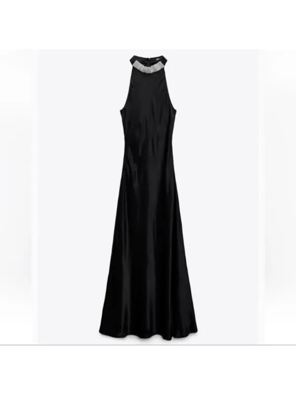 ZARA Black Maxi Halter Dress with Silver Embellished Neck - Image 9