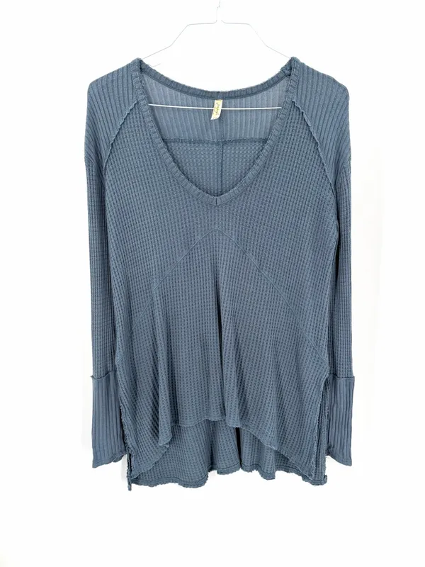 Free People Blue Gray Sunset Park Drippy Thermal Waffle Knit Oversized Shirt Top - Image 3