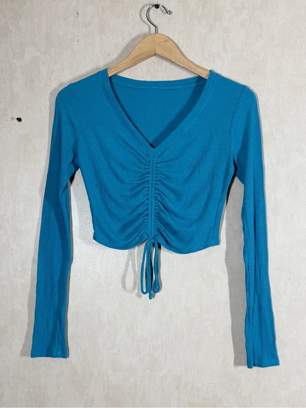 ALO Yoga Women’s Ribbed Cropped Cinch Long Sleeve in Blue Splash S - Image 2