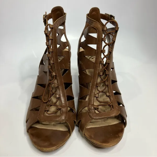 Vince Camuto Elettra‎ peep toe cone heels brown leather women’s size 10 - Image 4
