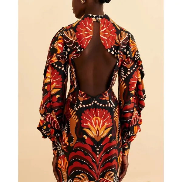 💕FARM RIO💕 Nature Beauty Red Scarf Backless Midi Dress ~ Large L NWT - Image 7