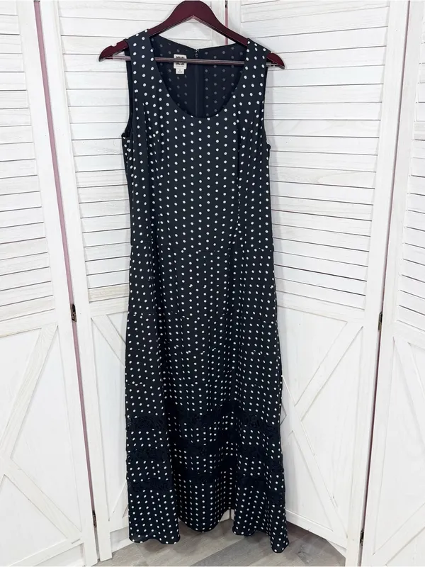 Anne Klein Polka Dot Lace Inset Sleeveless Maxi Dress Black White 12 Chiffon - Image 9