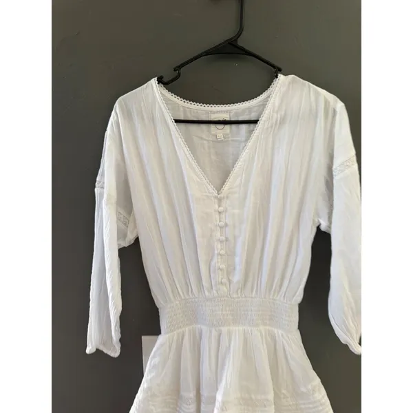 Aerie‎ White Cotton Gauze Lace Ruffle Romper Smocked Waist V-Neck Long Sleeve XS - Image 2