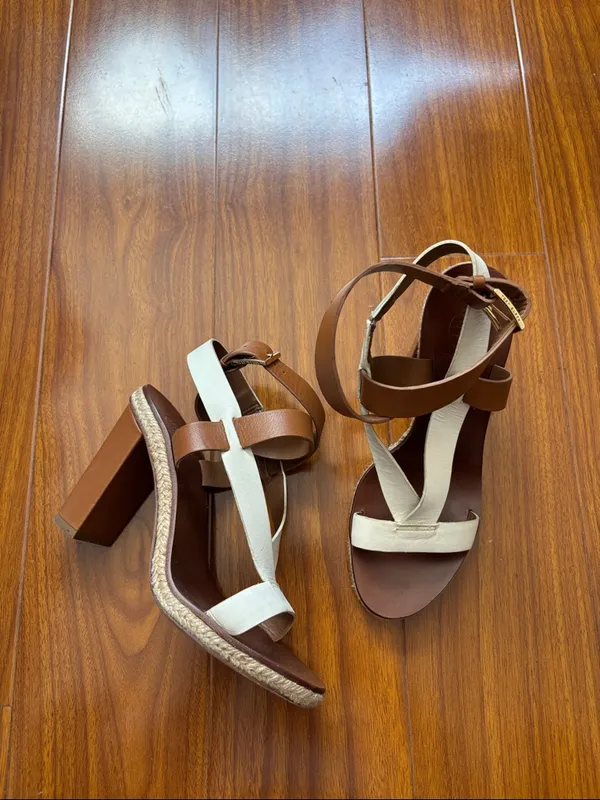 Tory Burch Cream + White Strappy Marbella Chunky Heels - Image 2