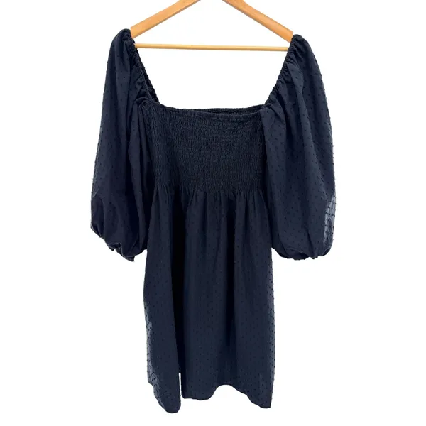 Kourt Black Clip Dot Smocked Puff Sleeve Mini Dress Women XL Cotton Square Neck - Image 2