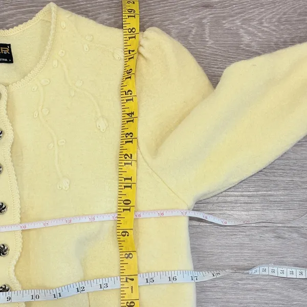 VTG Geiger Tyrol Butter Yellow Boiled Wool Sweater Jacket Floral Embroidered S - Image 9