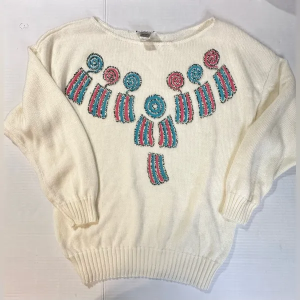 Vintage Kenneth Too‎ Ivory Aztec Pullover Sweater Turquoise Embellished Sz S/M - Image 2