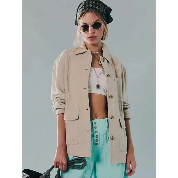 Free People Bohemian LagenLook Lucy Linen Chore Coat Neutral Natural Large - Image 15