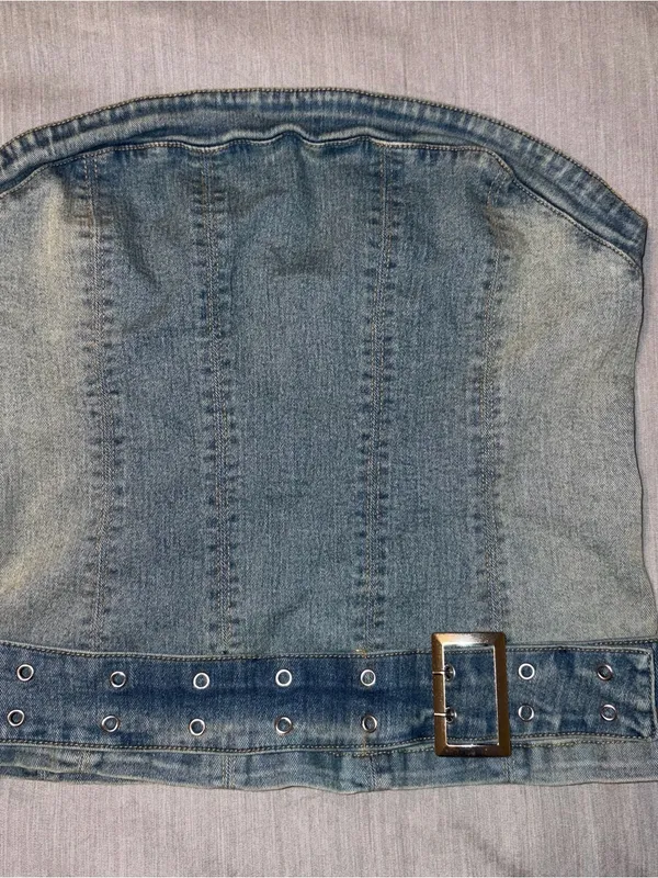 Silence + Noise Small Denim Blue Corset Tank, Mia Buckle Tube Top, Belted - Image 3