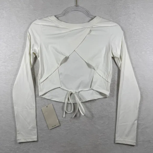 Halara Womens White Open Back Tie Hem Long Sleeve Crop Top Activewear JV85K S - Image 6