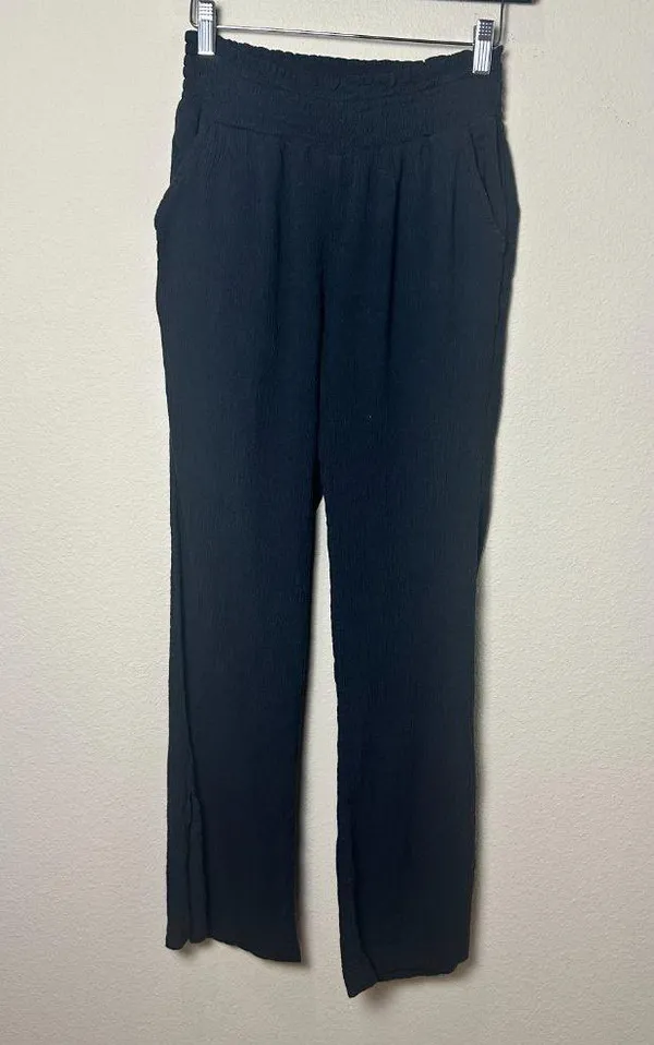 AERIE American Eagle Gauze Wide Leg Beach Pants w Side Slit Size XS Black - Image 2