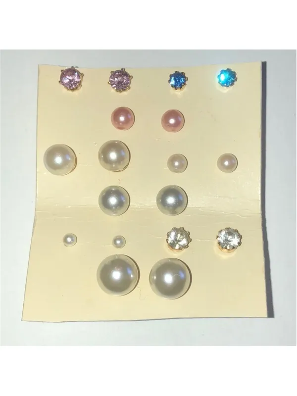 9 Pair Lot CZ Rhinestone & Faux Pearl Pierced Stud Earrings - Image 2