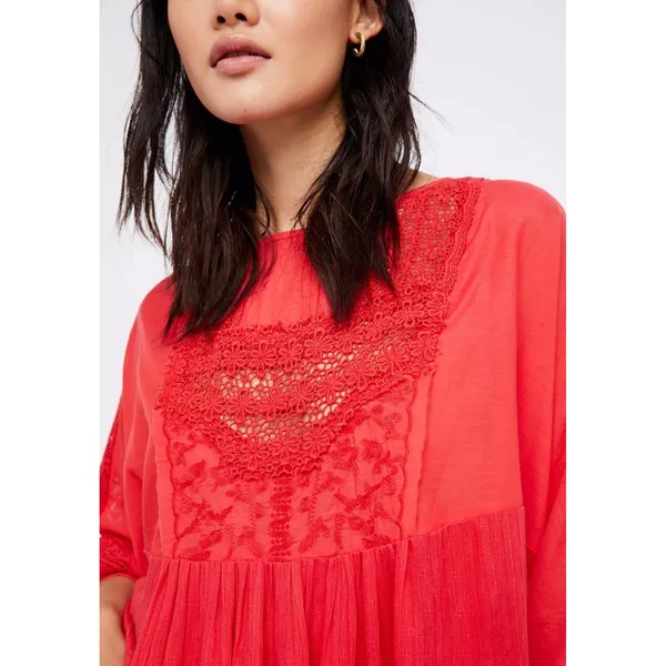 Free People Thinking of You Top Red Floral Lace‎ Trim Long Sleeve Bohemian - Image 3