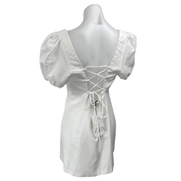 NEW Zara White Short Puff Sleeve Lace Up Back Square Neck Mini A Line Dress XL - Image 2