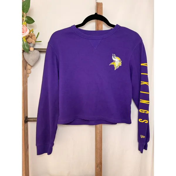 New Era NFL Minnesota Vikings Purple Waffle Knit Cropped Sweatshirt Womens S - Image 2