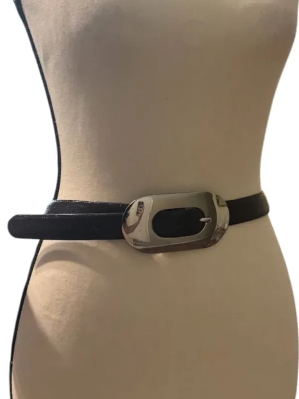 Mango Chocolate Brown Leather Belt Oversized Silver Oval Buckle Large - Image 3