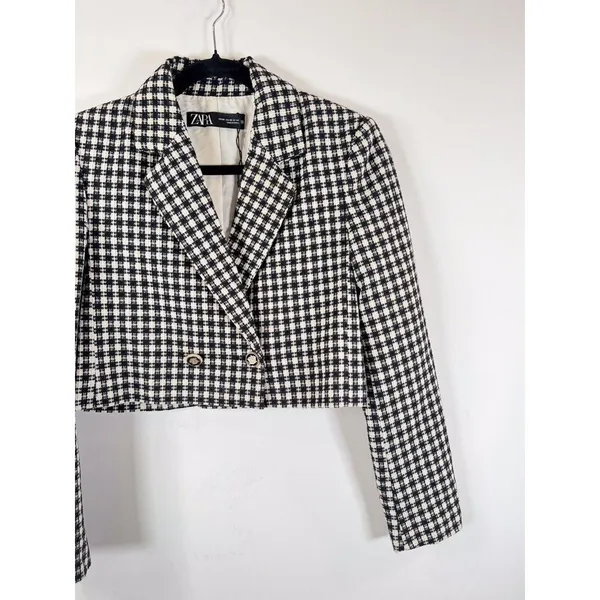 ZARA Womens Blazer Black Double Breasted Plaid Cropped Tweed Jacket Notched XS - Image 5
