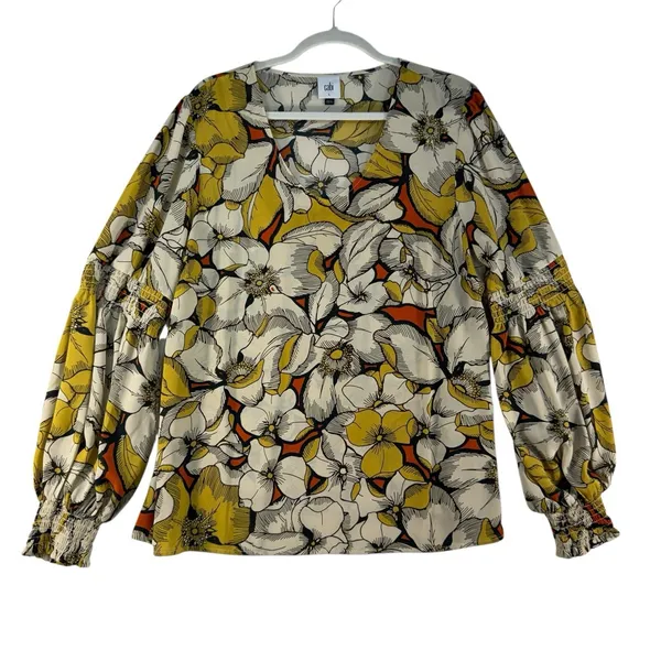 CAbi L Large‎ Sequel Blouse Floral V-Neck Smocked Poet Sleeves #3954 Women's - Image 3