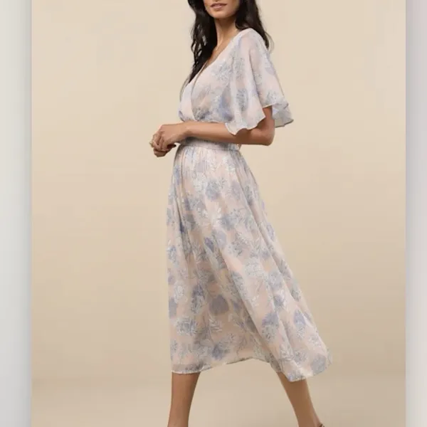 Lulus Subtle Romance‎ Beige Blue Floral Ruffle Flutter Sleeve Midi Dress Size XL - Image 4
