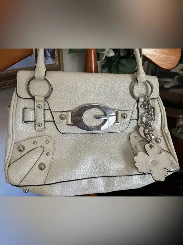 GUESS Cream Pebbled Leather Satchel with Signature G Hardware - Image 2