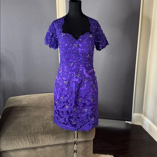 Women’s Purple Short Sleeve Formal Dress Lace Appliqué Zip Up Back Size 8 NWT - Image 7