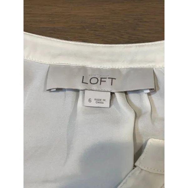 LOFT Mixed Media Dress Size 6 Cream Black Long Sleeve Ruffle Top Knee Length - Image 6