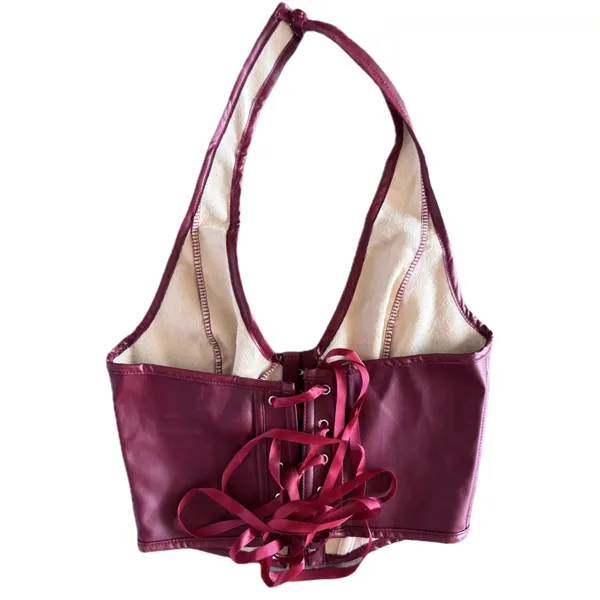 NWT Floerns PU‎ Leather Halter Hook Eye Backless Party Crop Top XS - Image 7