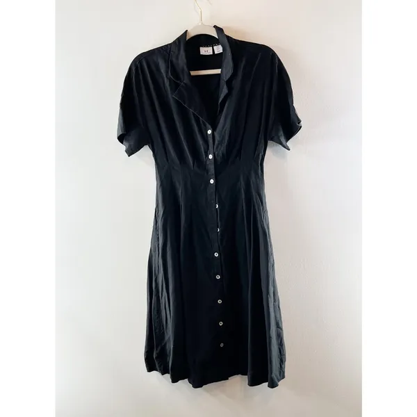 Halston Linen Blend Short Sleeve Midi Shirt Dress Black 4 - Image 2