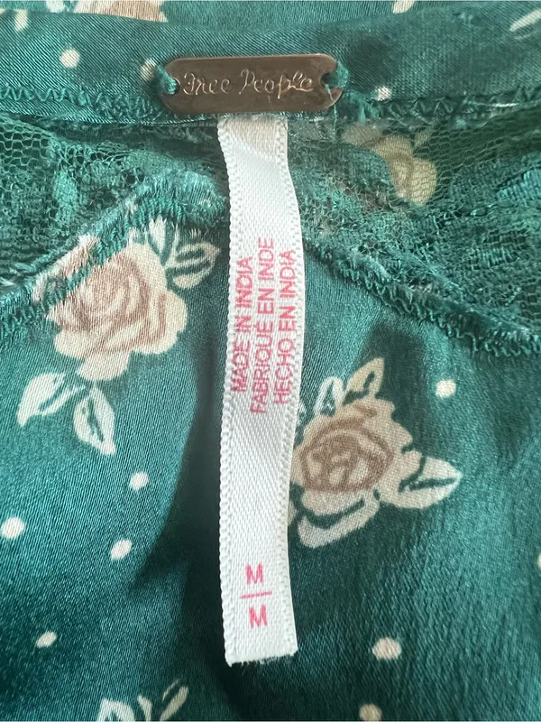 Free People Green Floral Lace Trim Button Front Blouse Size M - Image 5