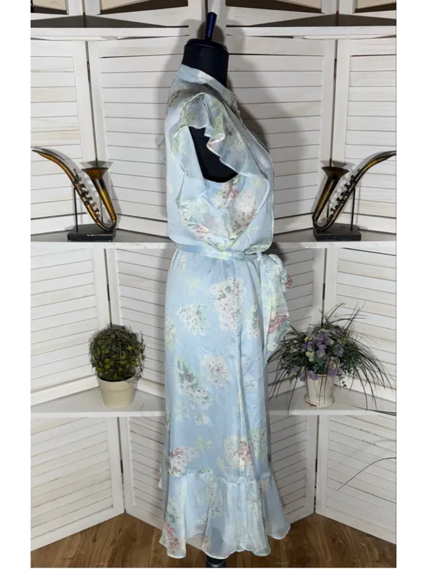 Ralph Lauren floral blue midi dress chiffon flutter sleeves cottage fairy boho 6 - Image 3