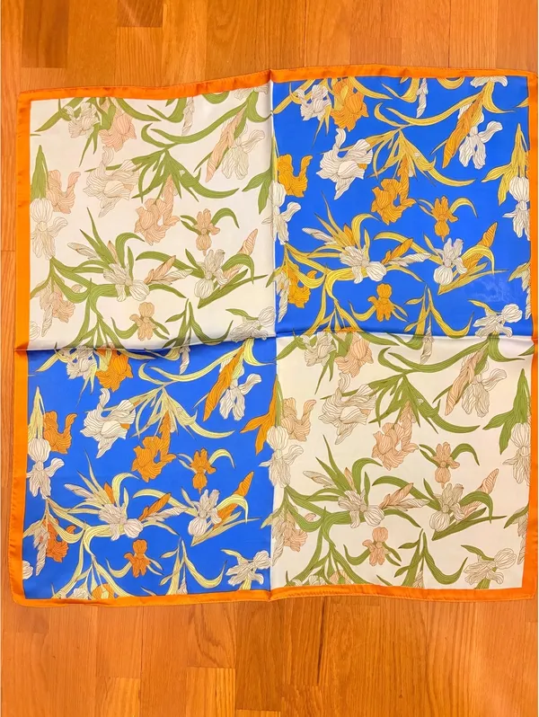 Elegant Floral Square Scarf with Blue, Orange, Green, and White Pattern - Image 3