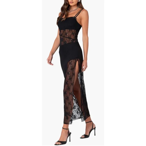 Edikted Mesh Dress in Black Size XS Sheer Lace Adjustable Straps Floral Pattern - Image 2