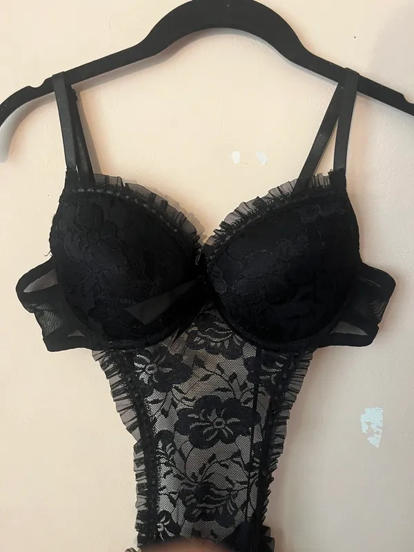 Body Rage Black Lace Ruffle Lingerie One Piece Bodysuit - Image 2